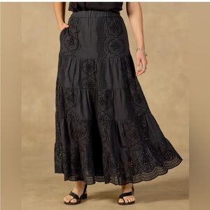 Sundance Ensenada Eyelet Maxi Midi Skirt Black XS Petite Cut Out Bohoemian NWT